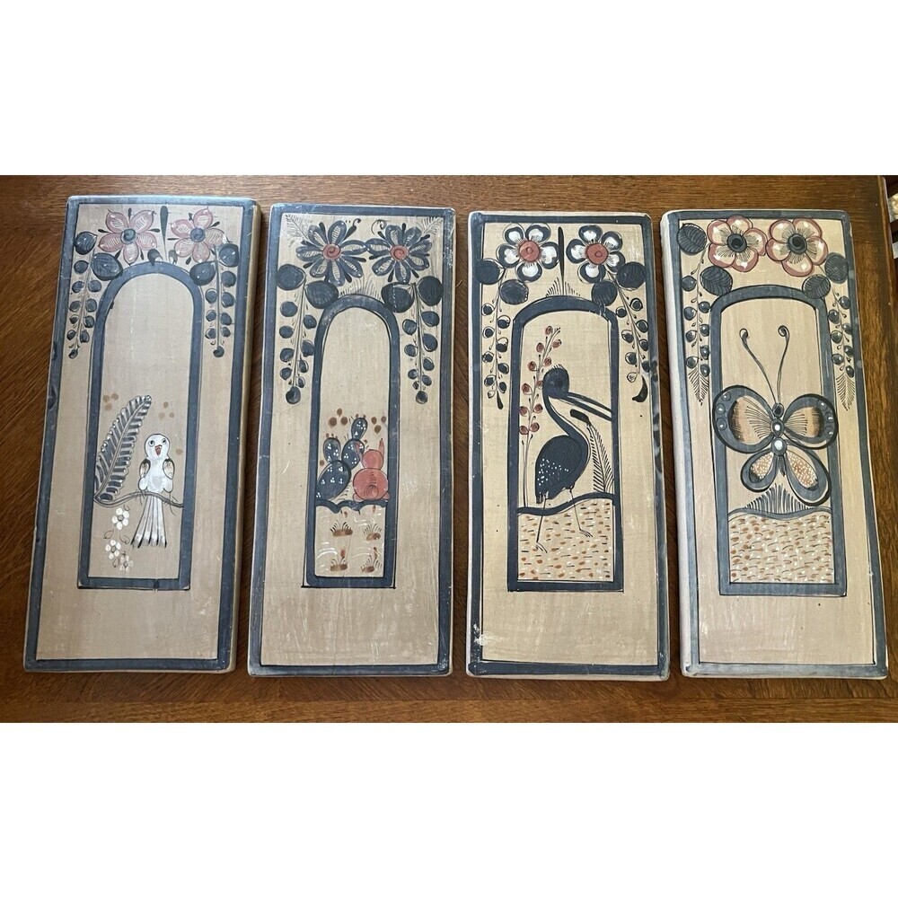 4 Vintage Handmade Mexico Floor Kitchen Accent Tiles Bird Rabbit Butterfly
